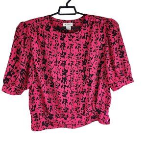 Women Pink & Black Floral Blouse Shirt Crop 3/4 Sleeve Round Neck Size 18